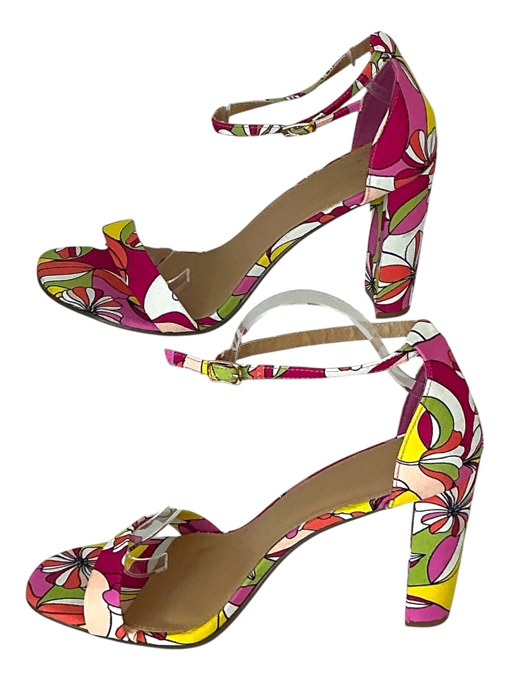 JustFab Sandal Block Heel Bold Floral Lorelai 4” High Heel Pink Green Size 11 - Picture 8 of 16